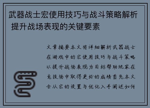 武器战士宏使用技巧与战斗策略解析 提升战场表现的关键要素