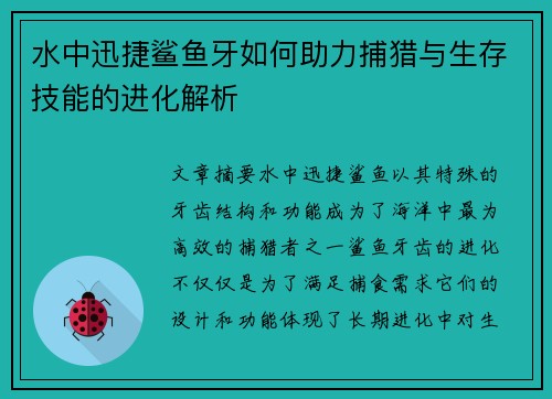 水中迅捷鲨鱼牙如何助力捕猎与生存技能的进化解析