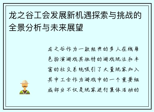 龙之谷工会发展新机遇探索与挑战的全景分析与未来展望